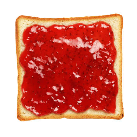 Slice of toasted bread with red raspberry jam isolated on white background.の写真素材