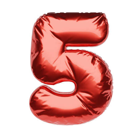 Number 5 made of red inflatable balloon isolated on white background. 3D rendering illustration.の写真素材