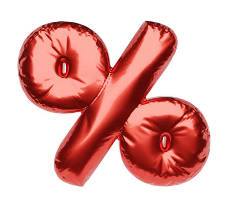 Percent sign made of red inflatable balloon isolated on white background. 3D rendering illustration.の写真素材