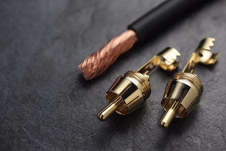 Golden RCA connector for audio signal and cable on black slate background.