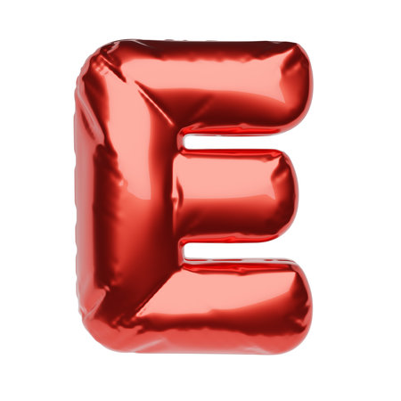 Letter E made of red inflatable balloon isolated on white background. 3D rendering illustration.の写真素材