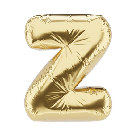 Letter Z made of golden foil inflatable balloon isolated on white background. 3D rendering illustration.の写真素材