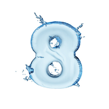 Digit 8 blue water splash alphabet isolated on white background. 3D rendering illustration.
