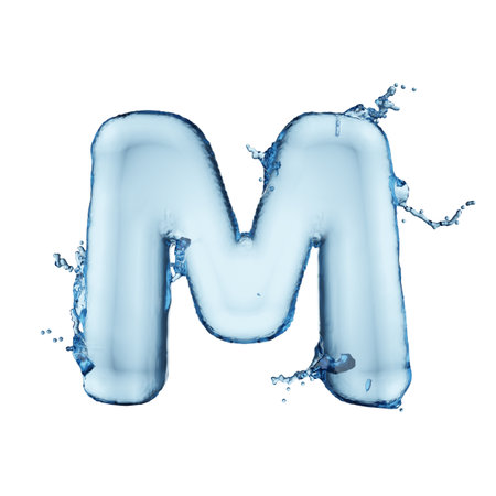 Letter M blue water splash alphabet isolated on white background. 3D rendering illustration.の写真素材
