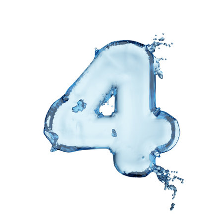 Digit 4 blue water splash alphabet isolated on white background. 3D rendering illustration.の写真素材