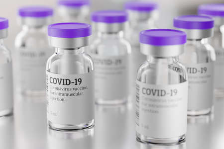 Lot of COVID-19 vaccine glass vials arranged in a rows, 3d rendering illustration.