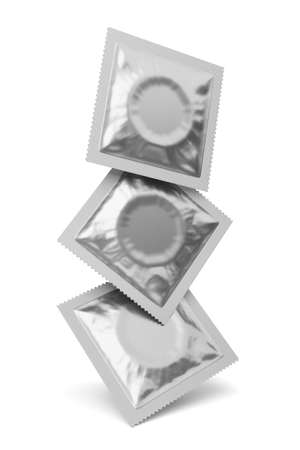 Square silver condom foil packages with space for your design  . Isolated on white background. 3D rendering.の写真素材
