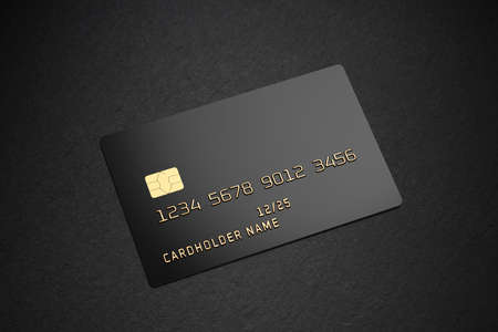 Black plastic card with chip on black slate background. 3D rendering template mockup.の写真素材