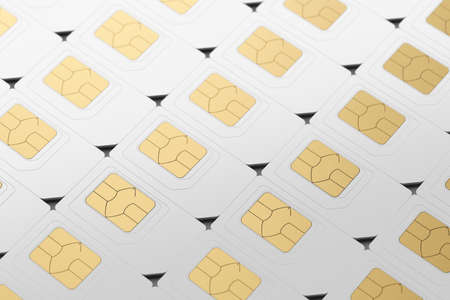 Lot of mobile phone SIM cards arranged in a row. 3D rendering illustration.の写真素材