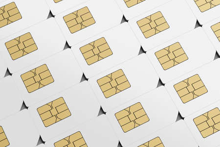 Lot of mobile phone SIM cards arranged in a row. 3D rendering illustration.の写真素材