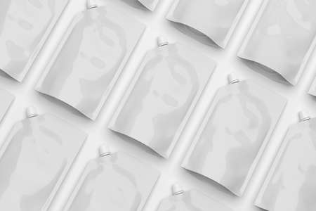 White plastic pouch bags with a corner lid arranged in a row, mock-up template for design. 3d...