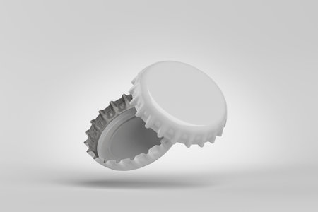 White beer caps on gray background, Mock up design template. 3D rendering illustration.の写真素材