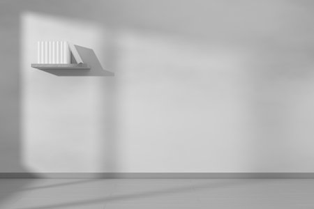 Books on the bookshelf in empty minimalistic room interior. 3D rendering illustration.の写真素材