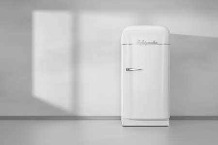 Fridge in gray minimalistic kitchen interior only with floor wall and sunlight from window. 3D rendering.の写真素材