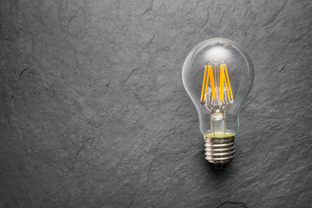 Transparent LED filament light bulb on black slate background. Copy space.の写真素材