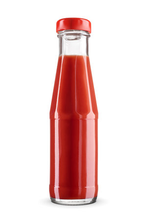 Glass bottle of red tomato ketchup isolated on white background with clipping path. Popular condiment used in a variety of dishes.の写真素材