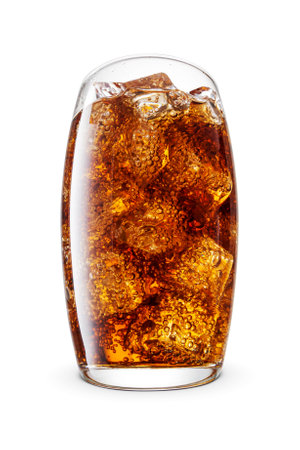 Cola soft drink in a transparent glass with ice cubes Isolated on white background. Low point hero...