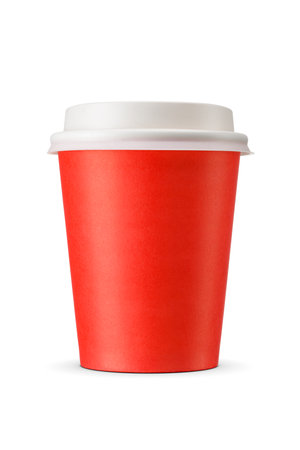 Red paper disposable cup with white plastic lid. Take away beverages container isolated on white background.の写真素材