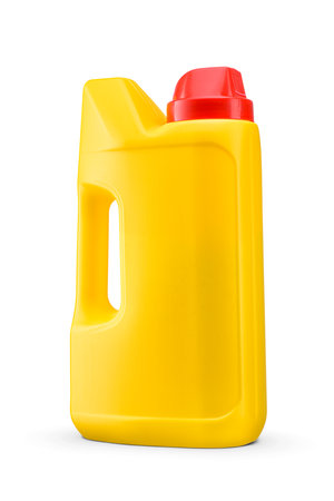 Yellow plastic canister with dishwashing powder detergent isolated on white background.の写真素材