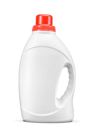 Laundry detergent liquid soap plastic bottle with handle isolated on white background.の写真素材
