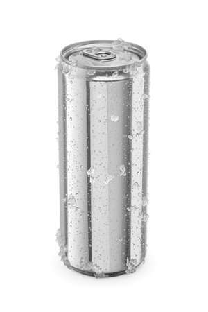 One condensation-covered aluminum can standing isolated on a white background.の写真素材