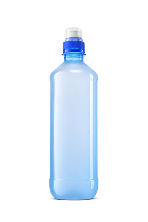 Blue bottle isotonic drink, sports energy drink with push pull cap dispenser isolated on white background.の写真素材