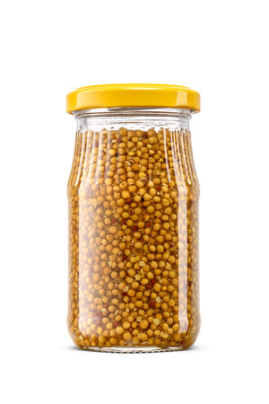 Whole grain French mustard glass jar isolated on white background.の写真素材