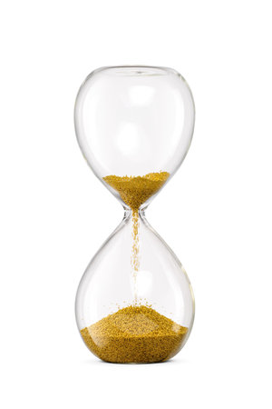 Hourglass with yellow golden sand isolated on white background. Time concept.