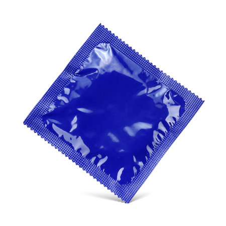Blue unwrapped condom package isolated on white background.の写真素材