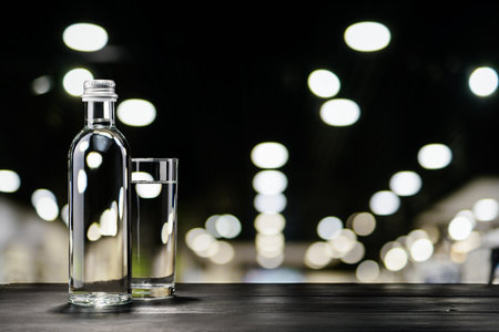 Clear glass bottle and tumbler filled with water against a blurred softly illuminated background.