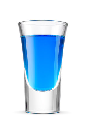 Blue hard liquor alcoholic drink in shot glass isolated on white background.の写真素材