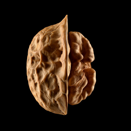 One half-peeled walnut isolated on dark black background.の写真素材