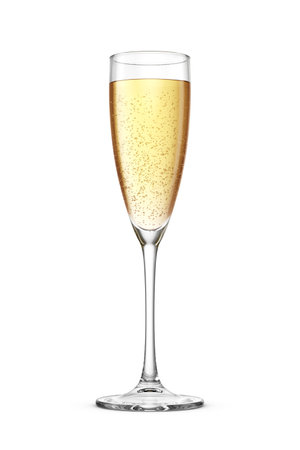 Champagne in a flute wineglass isolated on white background. 3D rendering illustration.の写真素材
