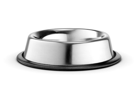 Empty clean steel bowl for cat or dog food isolated on white background.の写真素材