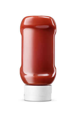 Ketchup in clear plastic upside down squeeze bottle isolated on a white background.の写真素材