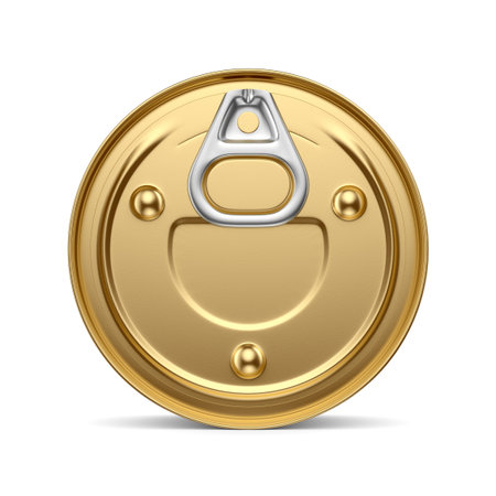 Top view of golden round tin can with pull tab isolated on white background. 3D rendering illustration.の写真素材