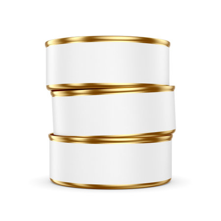 Stack of 100ml tin cans with blank label isolated on white background. 3D rendering illustration.の写真素材