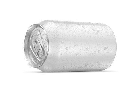 Classic beverage 330ml can with droplets of water, placed on its side, isolated on white background. 3D rendering illustration.の写真素材