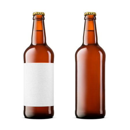Brown beer bottle with blank label and clean isolated on white background.の写真素材