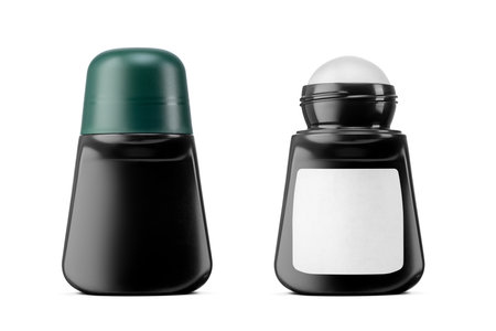 Black plastic roll-on antiperspirant deodorant bottle with blank label isolated on white background.の写真素材