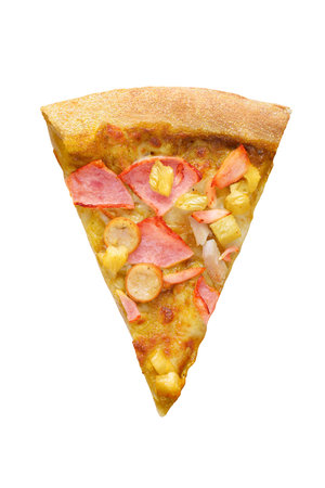 A single slice of Hawaiian pizza topped with pineapple, ham and sausage, isolated on white background.の写真素材