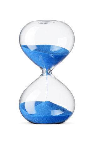 An isolated hourglass filled with blue sand flowing down against a plain white backdrop,...