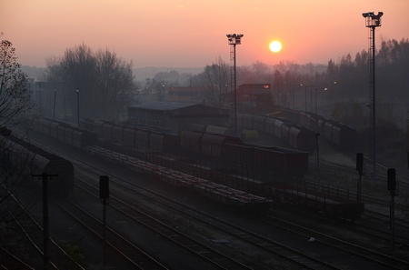 Trains standing at the station in the morning.