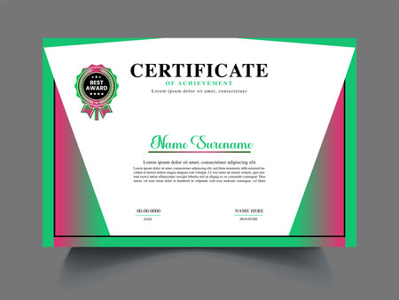 Modern professional certificate template. Vector illustration. Green and pink color.のイラスト素材