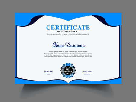 Blue certificate of achievement template with a blue background. Vector illustration.のイラスト素材