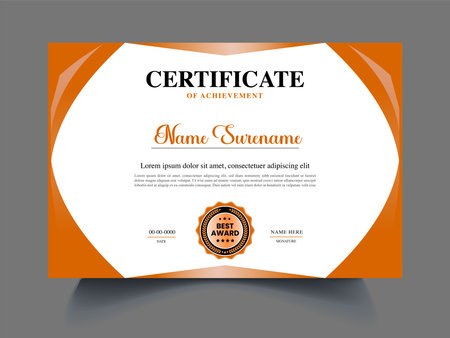 Certificate of achievement template. Orange color. Editable vector illustration.のイラスト素材