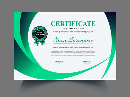 Green certificate of achievement template design with green ribbon. Vector illustration.のイラスト素材
