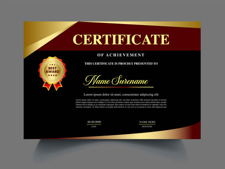 Modern professional certificate template. Vector illustration. Red and gold color.のイラスト素材