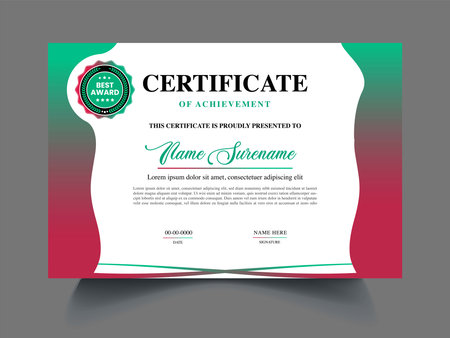 Modern certificate of appreciation template design with green and red color. Vector illustration.のイラスト素材