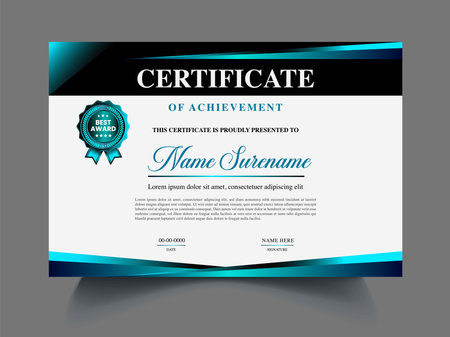 Modern certificate of achievement template. Vector illustration. Blue and black color.のイラスト素材